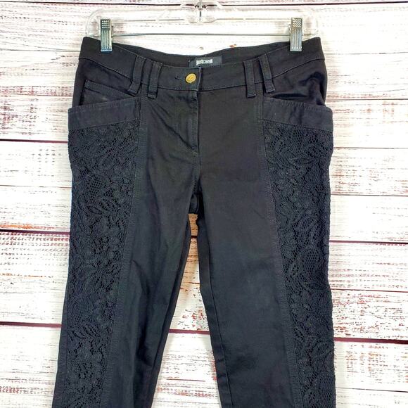 Just Cavalli Black Y2K Whimsigoth Skinny Jeans Low Rise Mesh Floral Lace Trim 28 - Picture 3 of 11